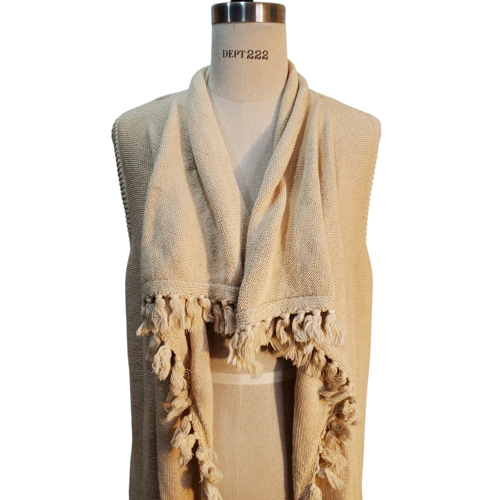 Lilly Pulitzer Abbott Fringe  Cardigan Beige Gold Thread Vest Bohemian Size M‎